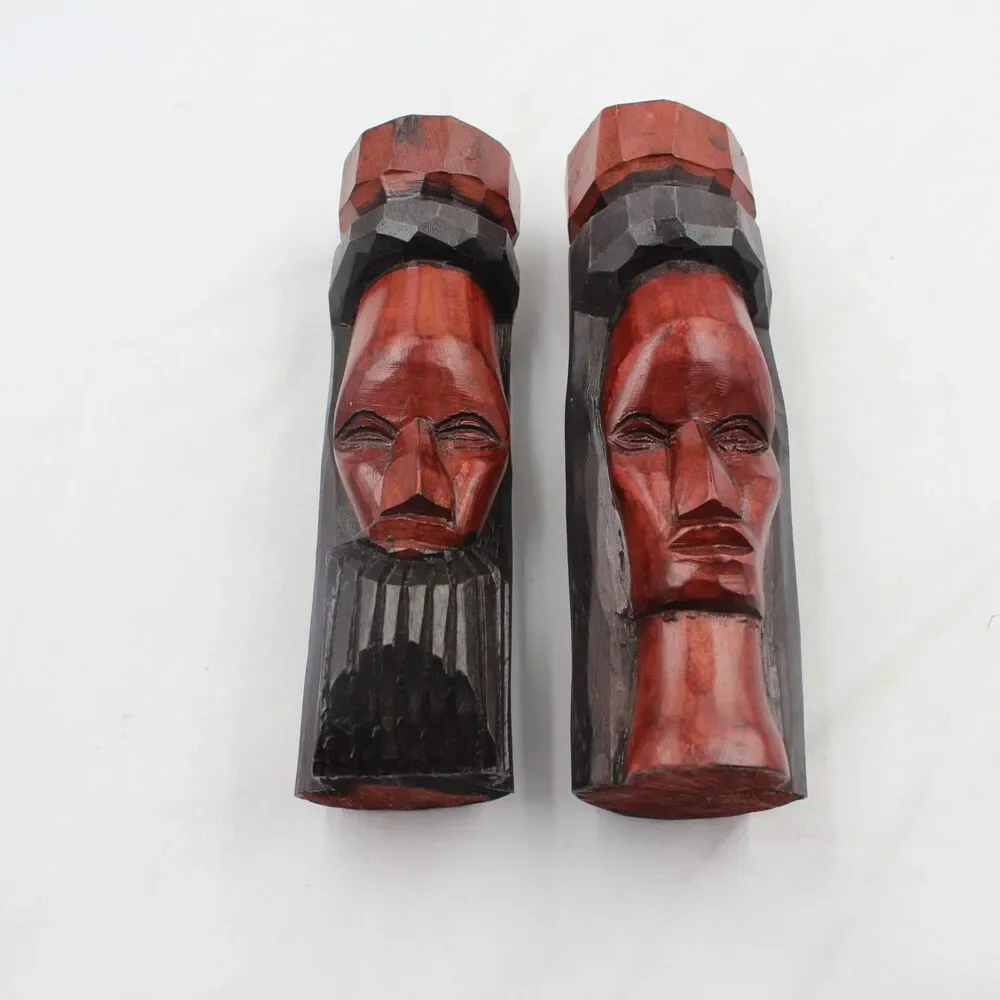 Vintage Jamaican Hand Carved Wooden Bust Statues Pair Man Woman Folk Art Totem 8